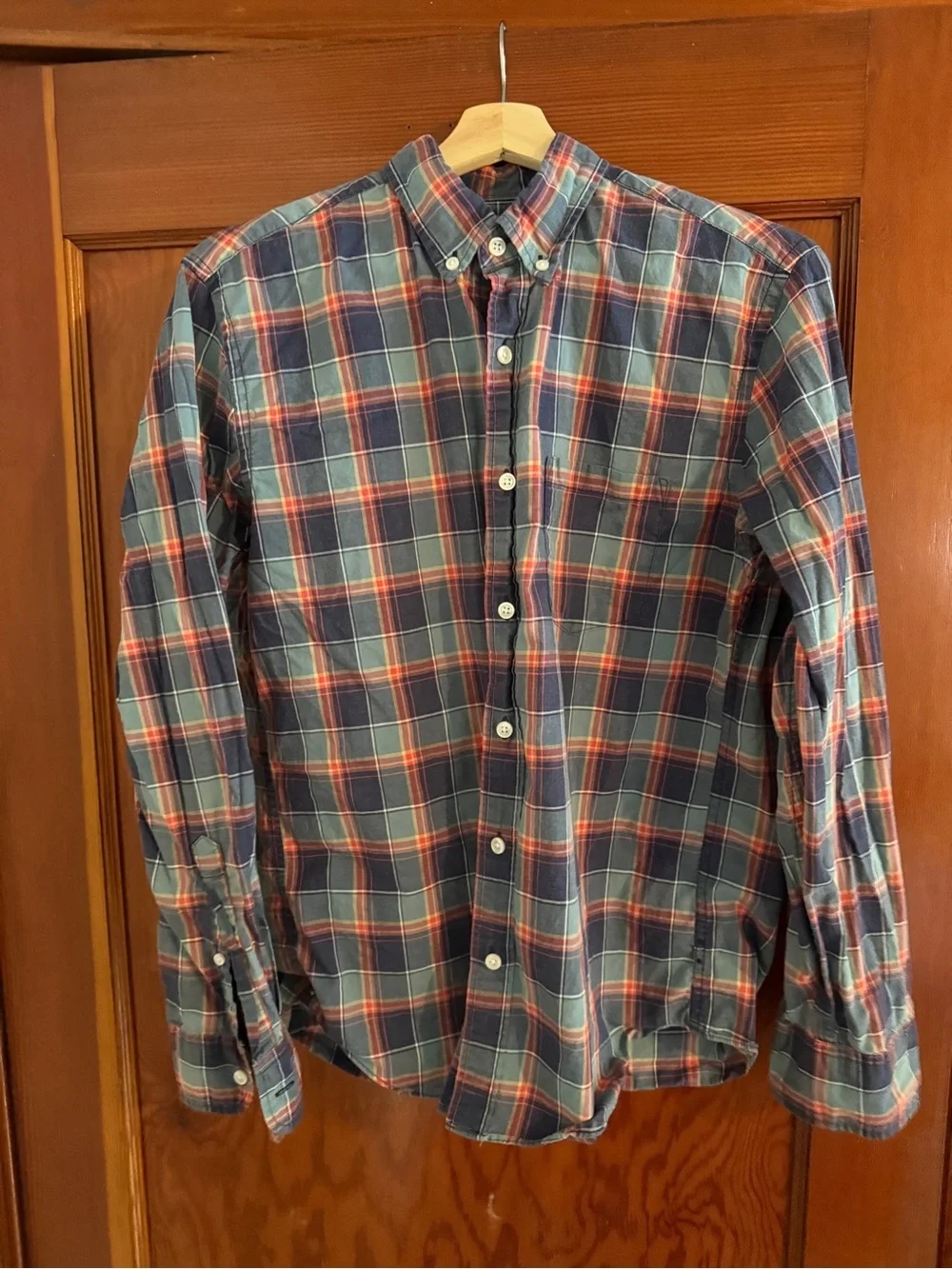 J. Crew Men's Navy and Red Plaid Button-Down Shirt